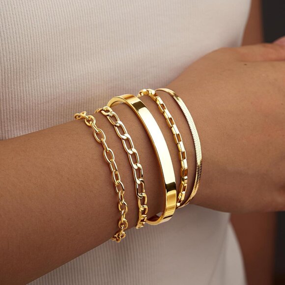 Women’s 5PC Gold Bracelet Set Non-Tarnish Hypoallergenic Waterproof Stainless St - Picture 8 of 9